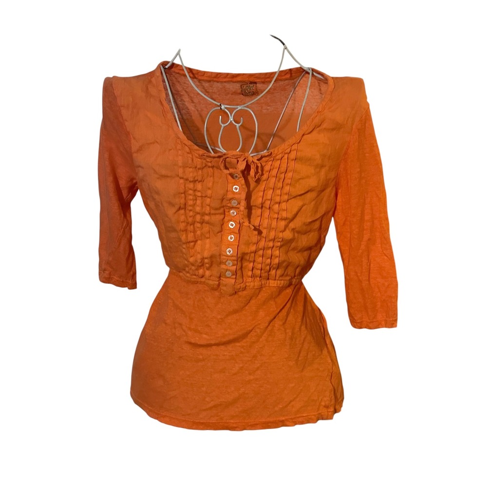 120% Lino Orange 100% Linen Pintuck Button Front Tie Back Top IT 42 US Small